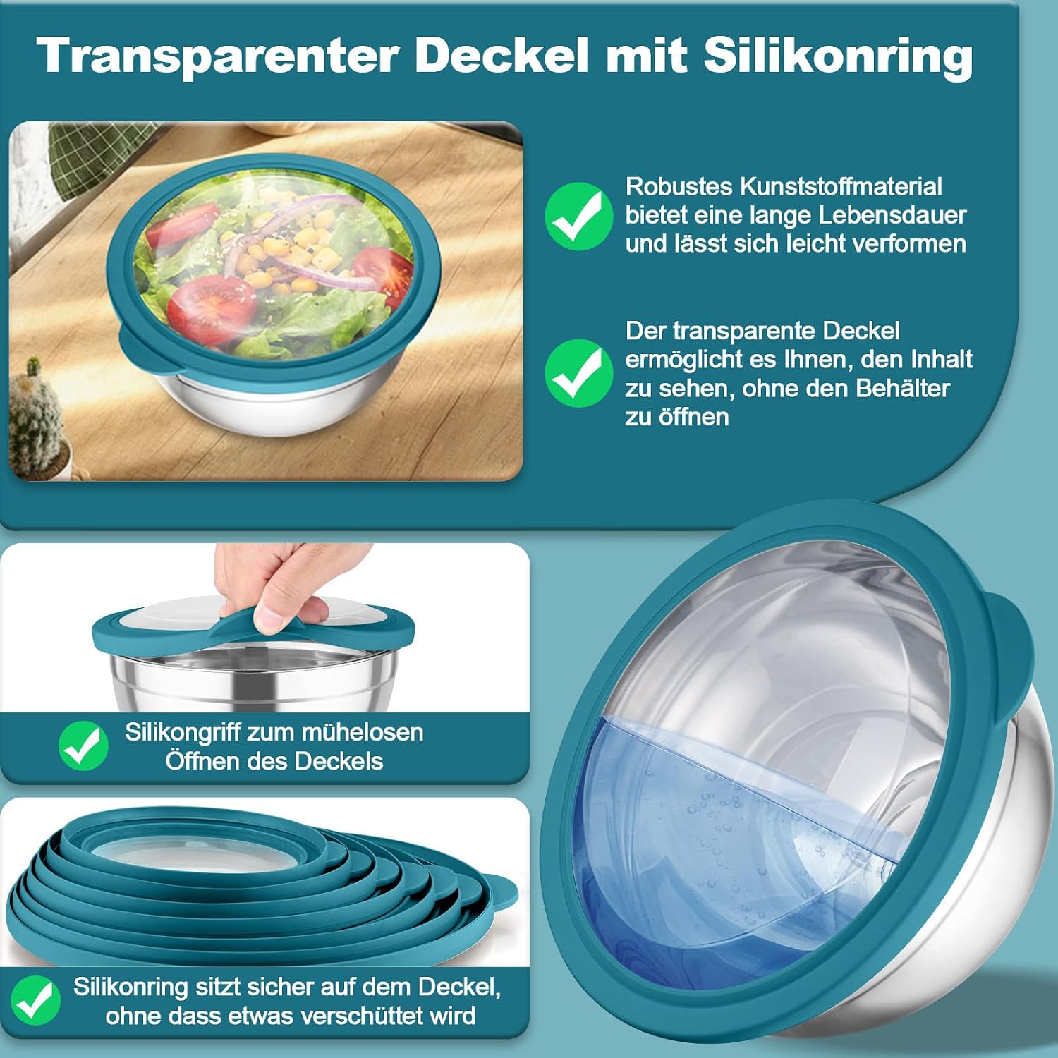 Homikit Mixing Bowl, Set of 5, Stainless Steel Bowl with Transparent Airtight Lid, Salad Bowl Set for Serving, Cooking, 4.6L/2.8L/1.6L/1.2L/0.7L, Stackable, Dishwasher Safe, Blue image 4
