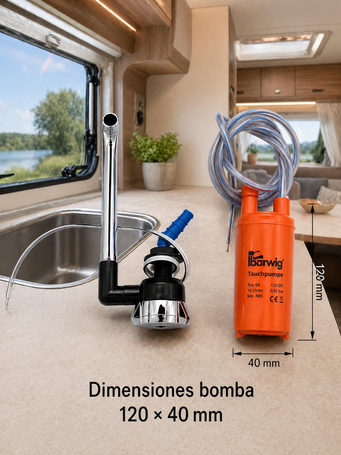 Kit Agua Camper 12V Bomba Sumergible BARWIG 10L/min + Grifo NOVO Baja Presión – Sistema Completo Fregadero Autocaravana, Caravana y Furgoneta Camper