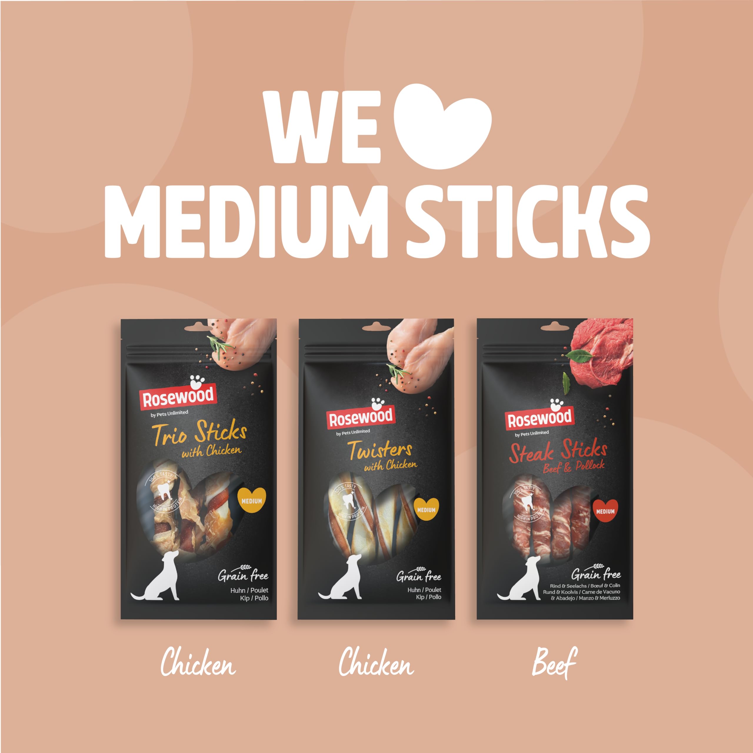 Rosewood Trio Sticks Pollo Petit - Palitos de Masticar firmes para Perros pequeños de Piel de Carne y Pollo, para Cuidado Dental, sin Gluten, Cereales y aditivos Artificiales, Juego de 6 x 100 g