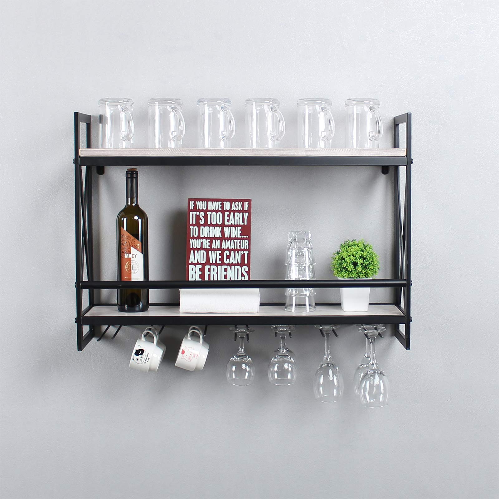 MBQQ Rustic Wall Mounted Wine Racks with 7 Stem Glass Holder,30in Industrial Metal Hanging Wine Rack,2-Tiers Wood Shelf Floating Shelves,Home Room