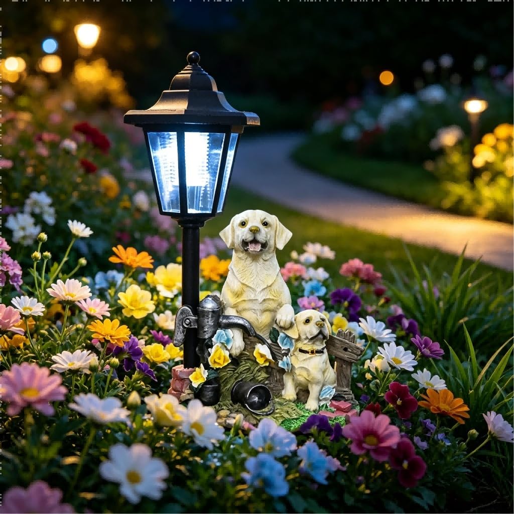 Estatua solar de perro, mascota de resina resistente a la intemperie para escultura para luz integrada, adorno decorativo de jardín para patio y césped