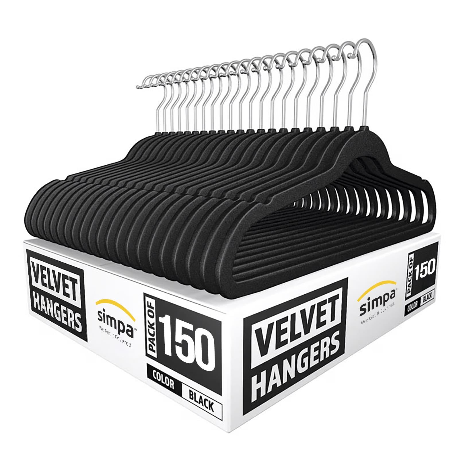 simpa Heavy Duty Velvet Non-Slip Suit Clothes Shirts Hangers 360 Degree Swivel Hook 150-Pack, Black/Silver