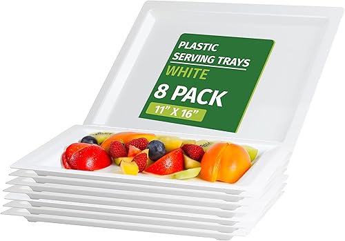Miniatura 8 de PARTY BARGAINS Bandejas de plástico para servir de 16 x 11 pulgadas, paquete de 8 bandejas desechables de plástico blanco, excelentes para bodas,