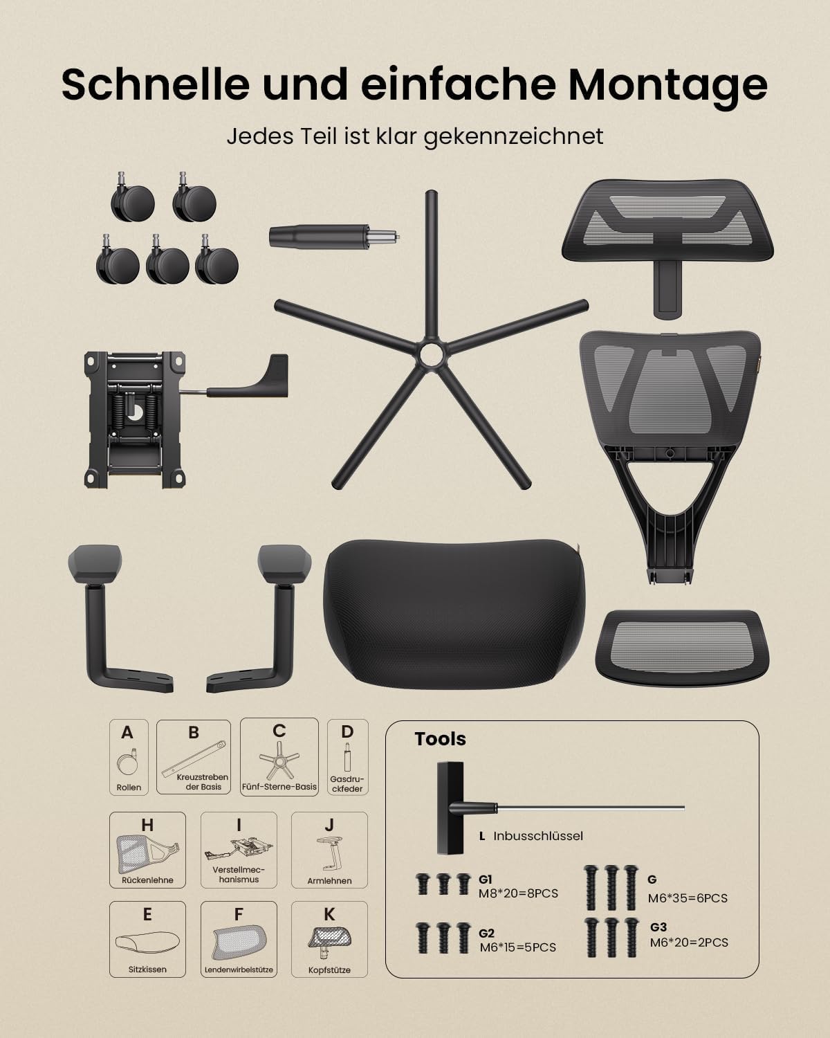 ProtoArc EC100 Ergonomischer Bürostuhl – Computer-Schreibtischstuhl mit 10 cm dickem Federkissen, Lendenwirbelstütze, Verstellbarer Armlehne & Kopfstütze, Mesh-Drehstuhl für Home-Office, Schwarz