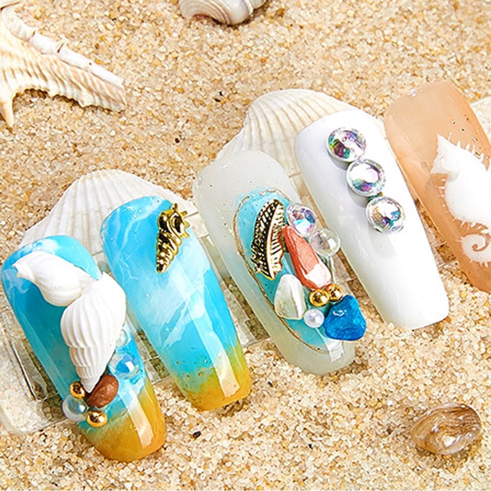2 Boxes 3D Mixed Ocean Theme Nail Art Rhinestones Accessories Summer Beach Shell Starfish Conch Sea Series Sequin Nail Art Charms with Tweezers for DIY Art Nail Designs Manicure Decoration image 4