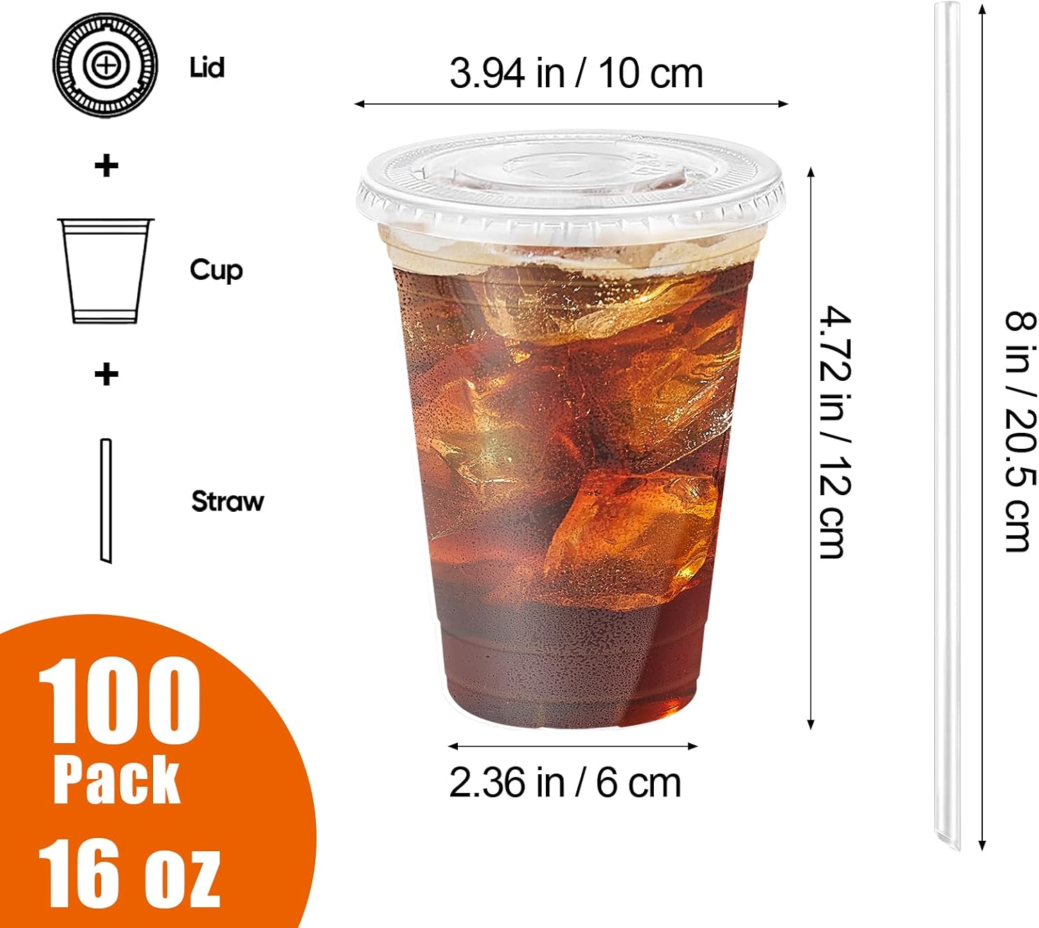 16 oz 100 Pack Clear Plastic Cups with Lids and Straw,leak-proof durable,To-Go Cold Coffee Cups,Disposable Cold Drink Cups for Parties, Outdoor Events, Cafes, and Smoothies - Image 4