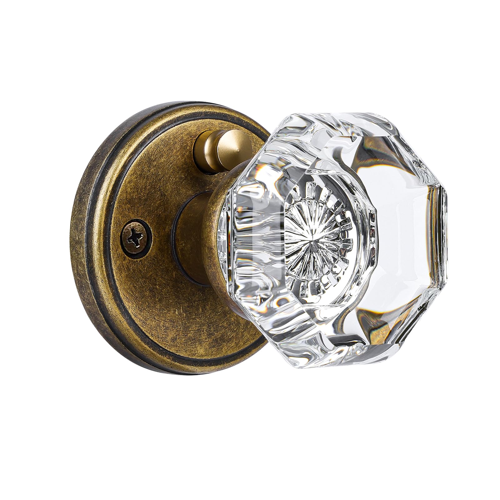 CLCTK Glass Door Knobs Interior with Lock, Vintage Crystal Privacy Antique Brass Octagon Door Knobs for Bedroom Bathroom, 1 Pack