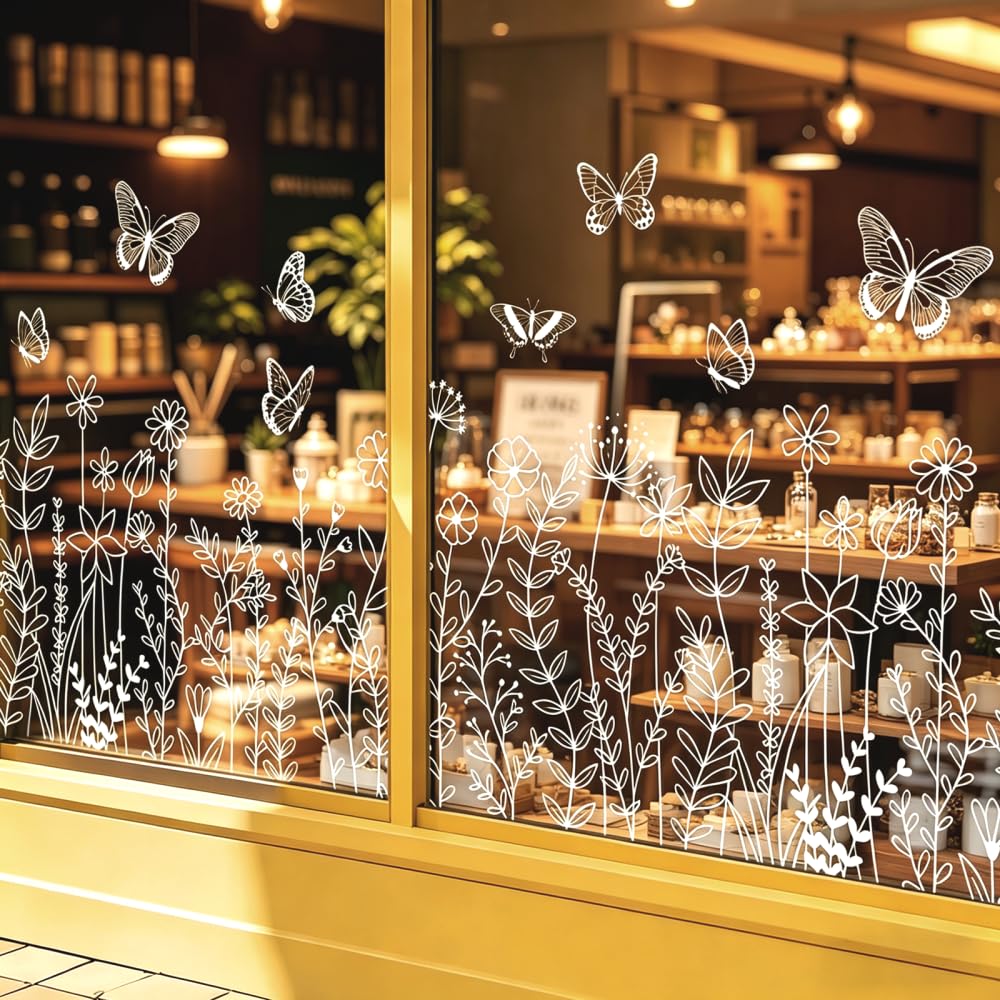 2PCS Floral Butterfly Static Window Clings, Reusable Glass Decal, Flowers Butterflies Spring Summer Window Decals for Home Commercial Decor