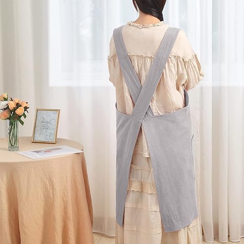Miniatura 2 de Tobyan Delantal de lino de algodón suave para mujer delantal trasero cruzado sin atar con bolsillos ideal para floristas y cocina