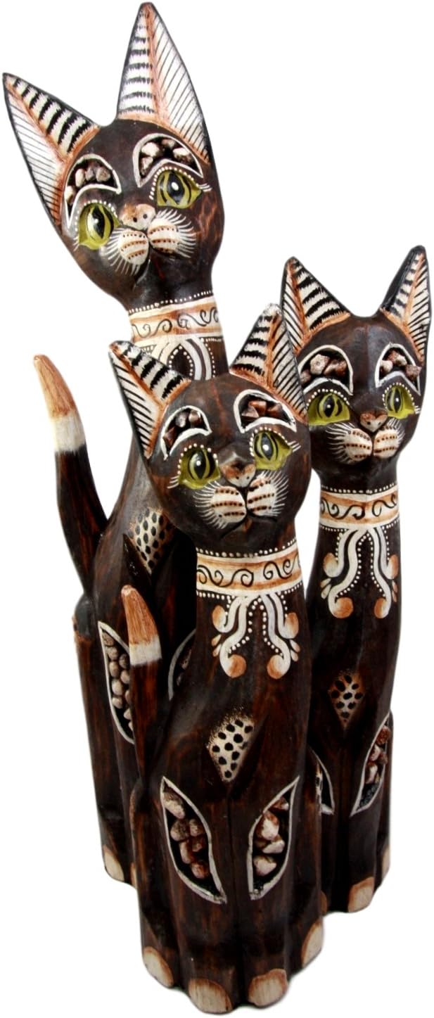 Balikraft Hand Made Wood Artisans "Kucing Hijau" Large Green Eyed Feline Cats Family Set of 3 Decorative Figurines 20"H