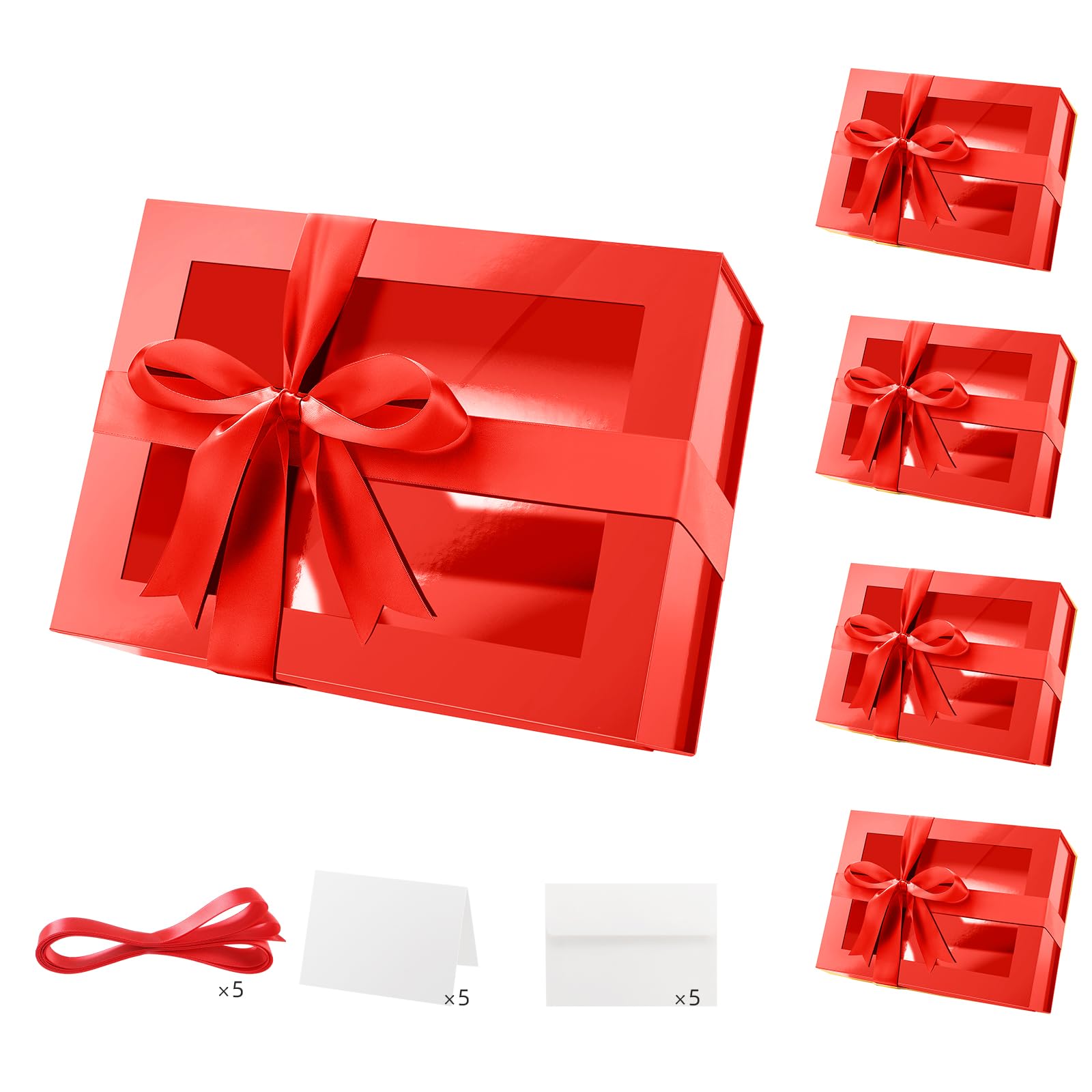 PKGMAGIC 5 rote Geschenkboxen mit Fenster, 22,8 x 16,5 x 9,6 cm, klare Geschenkboxen für die Präsenz, Geschenkboxen für Brautjungfer, Geschenkboxen mit magnetischem Deckel