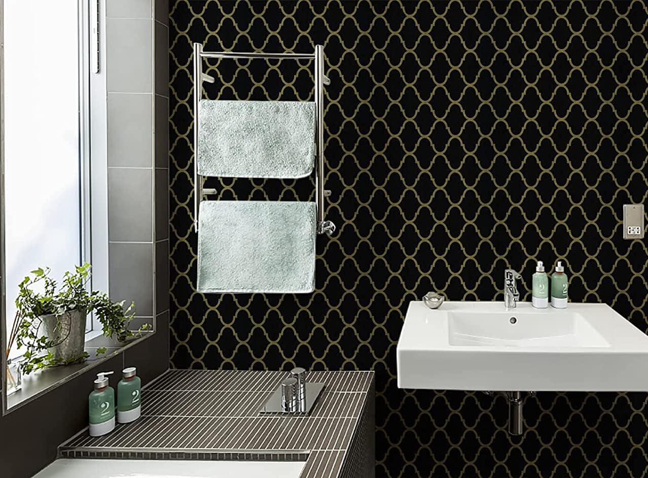 Peel and Stick Wallpaper Black/Gold Trellis Removable Wallpaper Self Adhesive Modern Geometric Textured Contact Paper for Cabinets Bathroom Kitchen Wall Covering Vinyl 78.7inx15.7in Renter Friendly