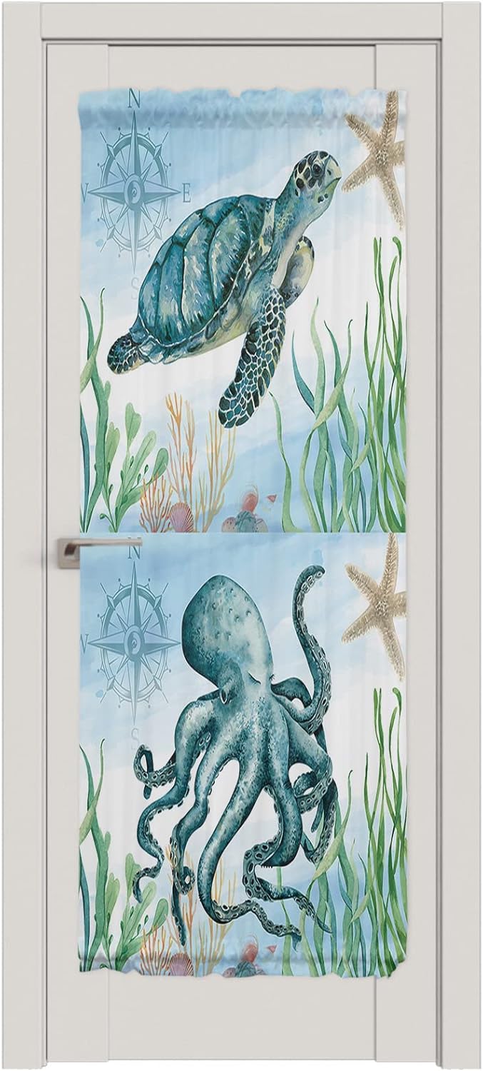 Rod Pocket French Door Curtain, Kitchen Door Panels Ocean Theme Marine Life Pattern Light Filtering Room Divider Curtain Cover Curtains for Windows Nautical Compass (Tie-Back Included, 1 Panel)