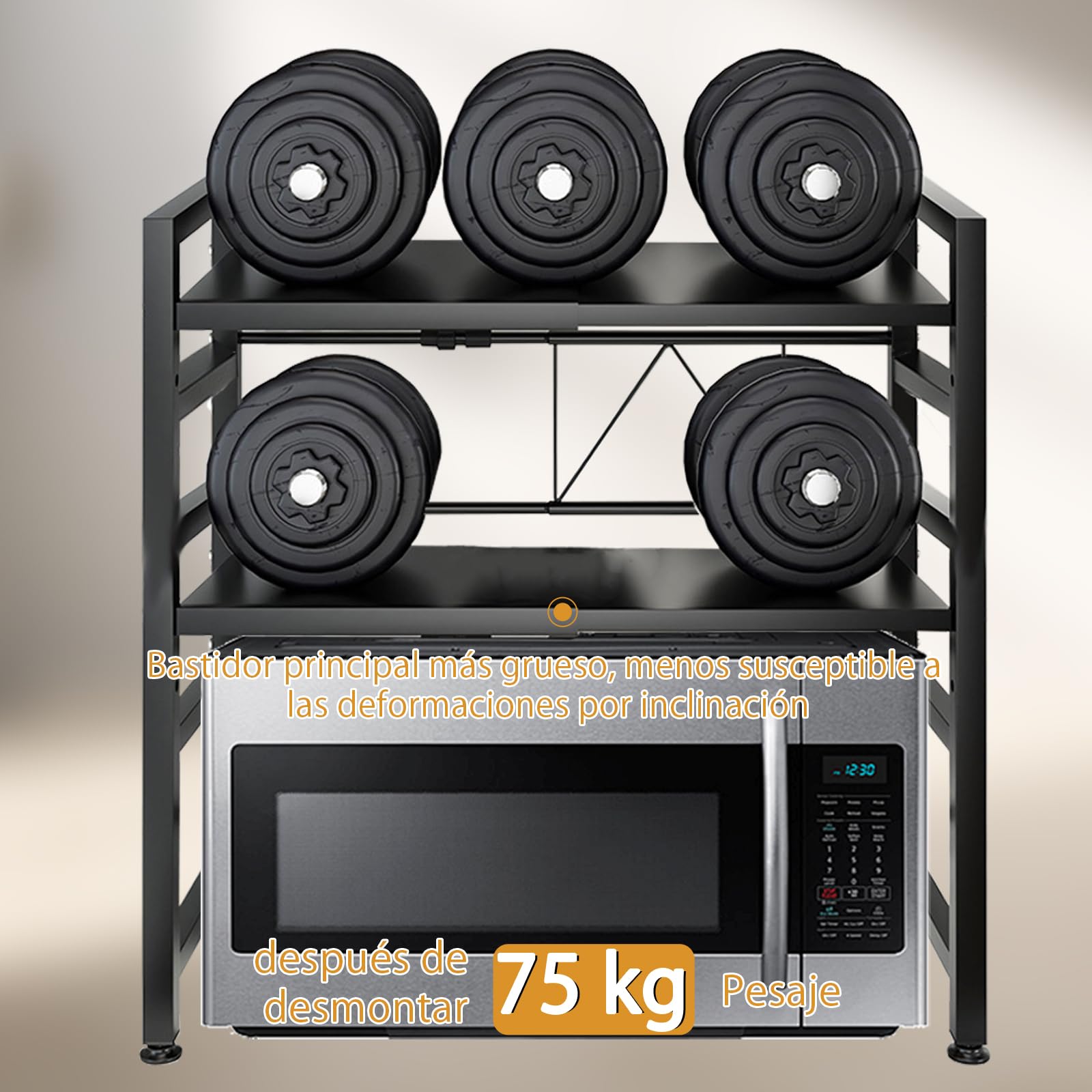 Estante para microondas de 2 Capas, Estante para tostadora, Estante de Cocina, Ancho telescópico de 40 a 63 cm (óptimo Dentro de 60 cm) con Gancho móvil, Capacidad de Carga 75 kg (Negro)