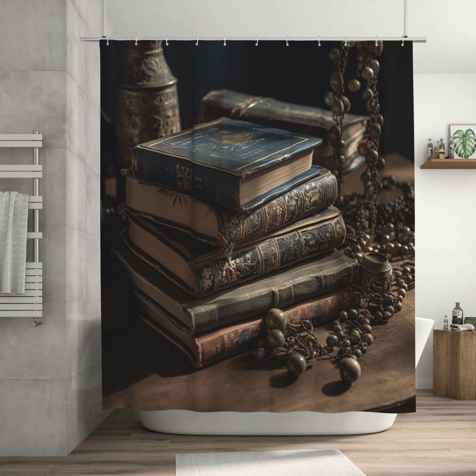 Rideau de douche motif livres anciens pour créer une ambiance cabinet de curiosités relaxante