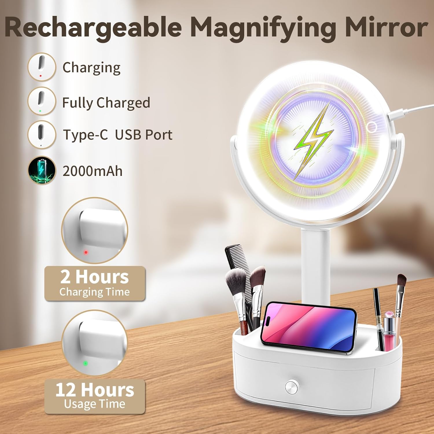 SANYCASA Makeup Mirror with Lights, Lighted Makeup Mirror with Magnification, 80 LED Vanity Mirror with Lights, 3 Color Modes & Stepless Dimming, Shatterp roof & Stable Base