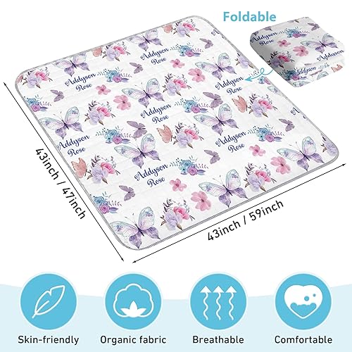 Miniatura 4 de Tapete de juego para bebé con nombre personalizado, tapetes de juego suaves para piso, tapete de juego plegable impermeable con mariposa morada para