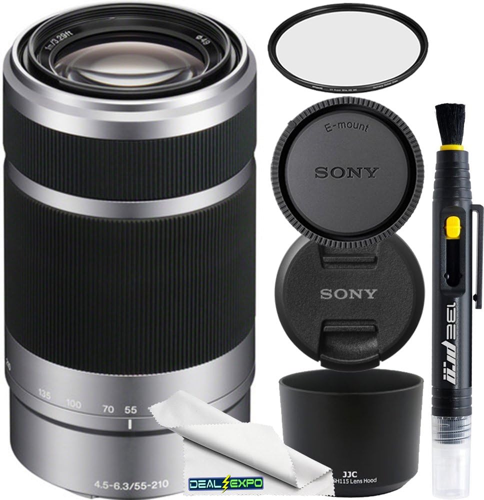 Sony E 55-210mm (SEL55210) F4.5-6.3 OSS Lens for Sony E-Mount Cameras (Silver) with UV Filter, Cleaning Pen & CS Microfiber Cleaning Cloth