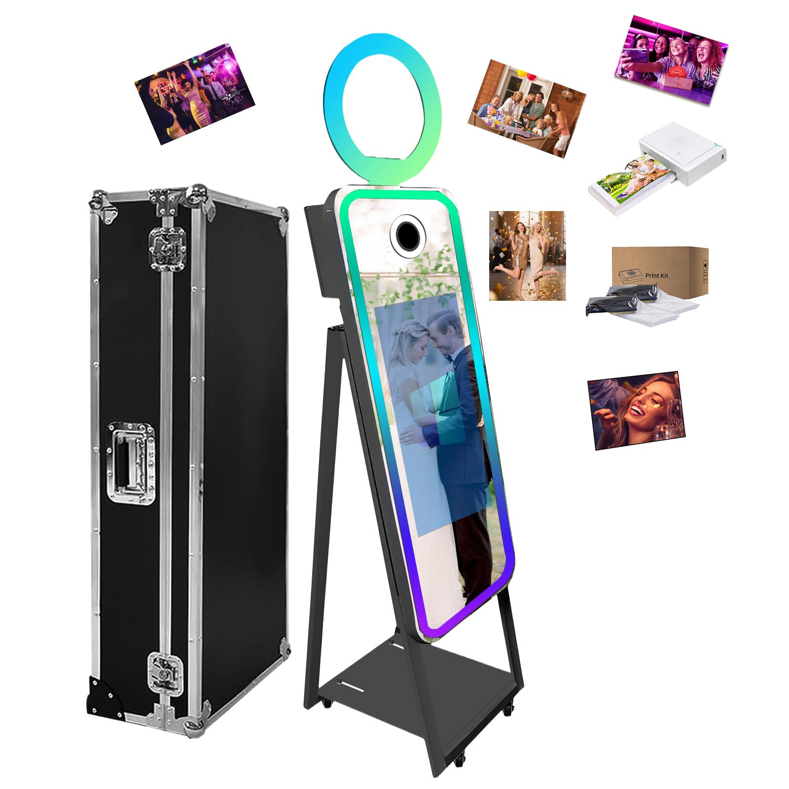 Mirror Photo Booth Magic Selfie Station Shell Stand Photobooth Machine Touch Screen with Ring Light and Trolley Flight Case for Events Wedding Rental Christmas (Black, 40 inch+Mini Printer)