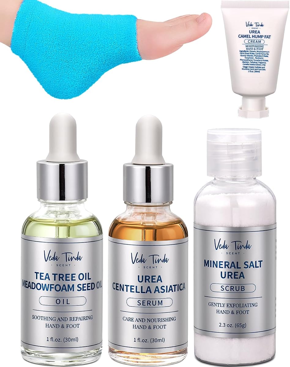 Kit para el cuidado de los pies: aceite de árbol de té, crema de urea al 40 %, exfoliante de sal, suero, calcetines para el talón | Adecuado para hombres y mujeres con pies, talones, manos, codos y rodillas secos y agrietados.