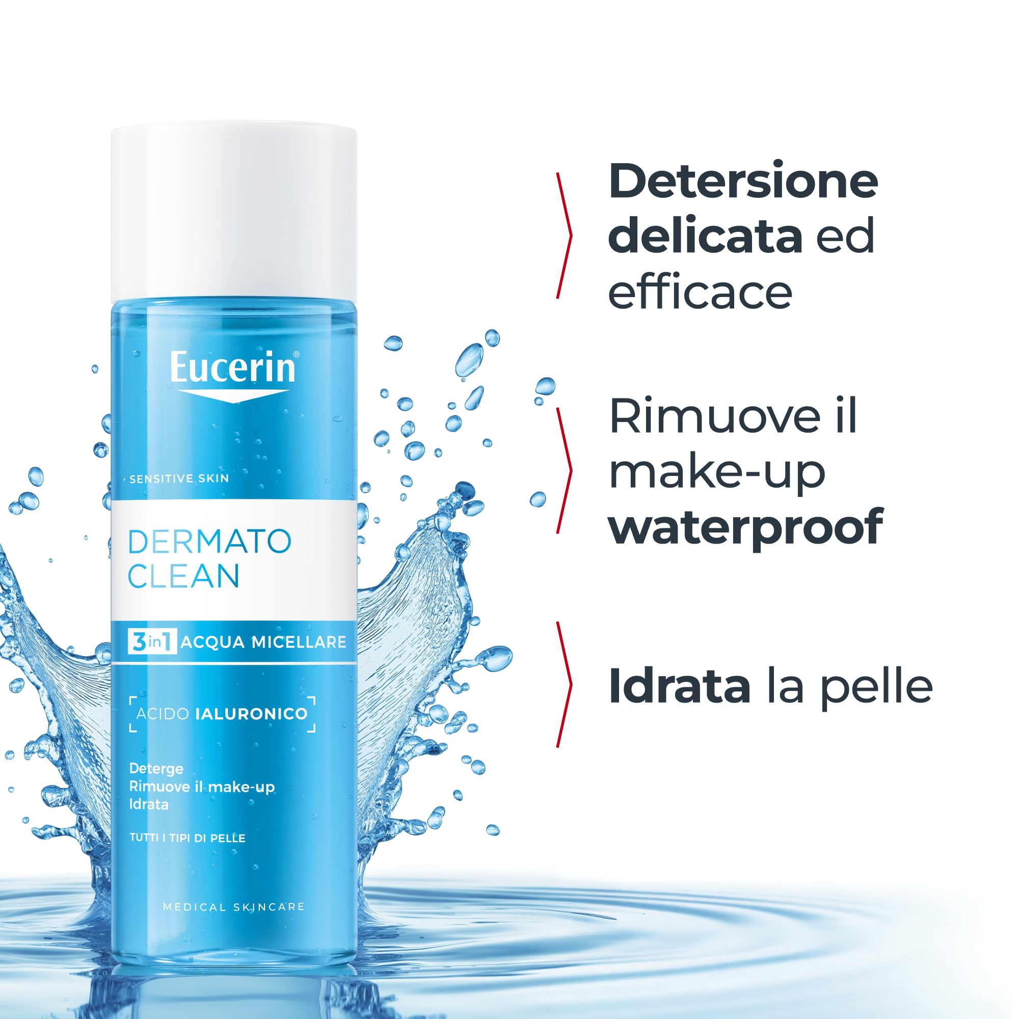 Eucerin DermatoClean Acqua Micellare 3in1 200 ml, Detergente viso struccante viso e occhi per make-up waterproof, Con Acido Ialuronico, Senza profumo, Per tutti i tipi di pelle, anche sensibile