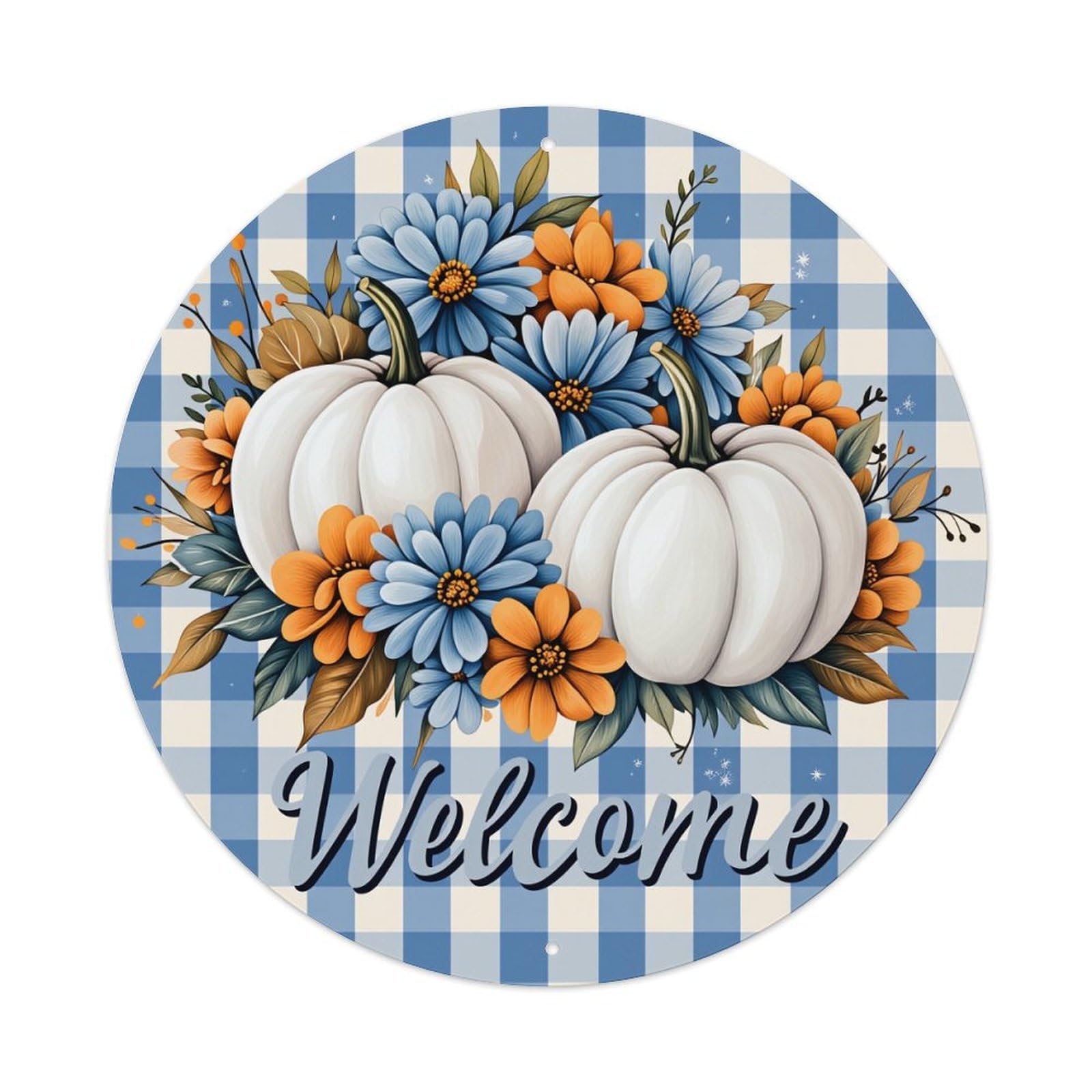 Pumpkin Flowers Leaves Welcome Pattern Round Tin Sign Vintage Metal Poster Retro Bar, Home, Man Cave, Kitchen, Laundry Room Wall Art Decor Gift 8x8In