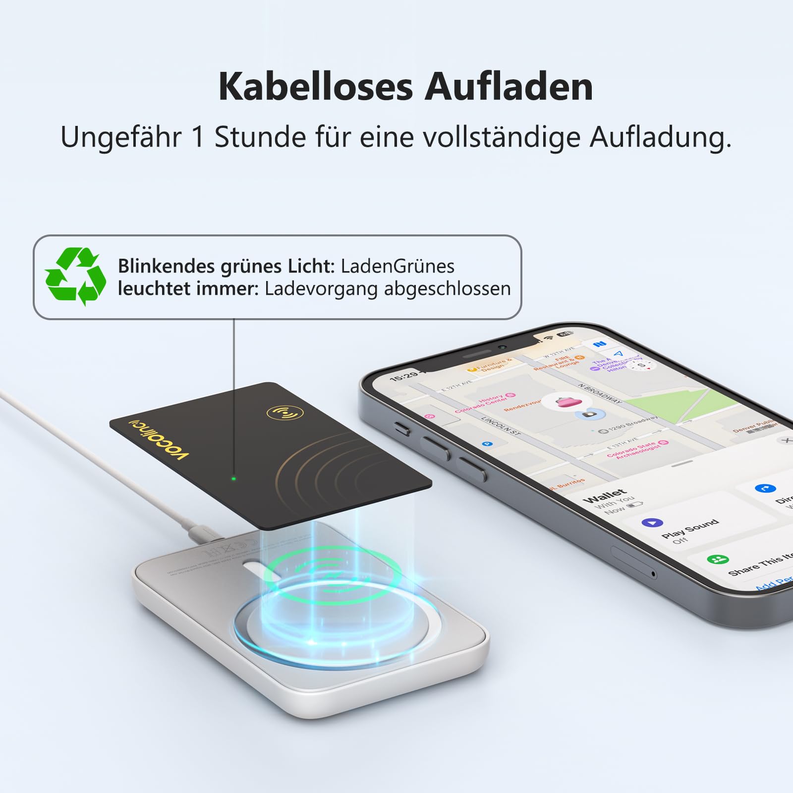 VOCOlinc Wiederaufladbar Wallet Tracker Karte 2 Pack, Ultra Thin 1.6mm Air Tag Card Funktioniert mit Apple Wo ist? APP (Nur iOS), Bluetooth Item Finder für Reisepässe/Koffer/Taschen/Geldbörse