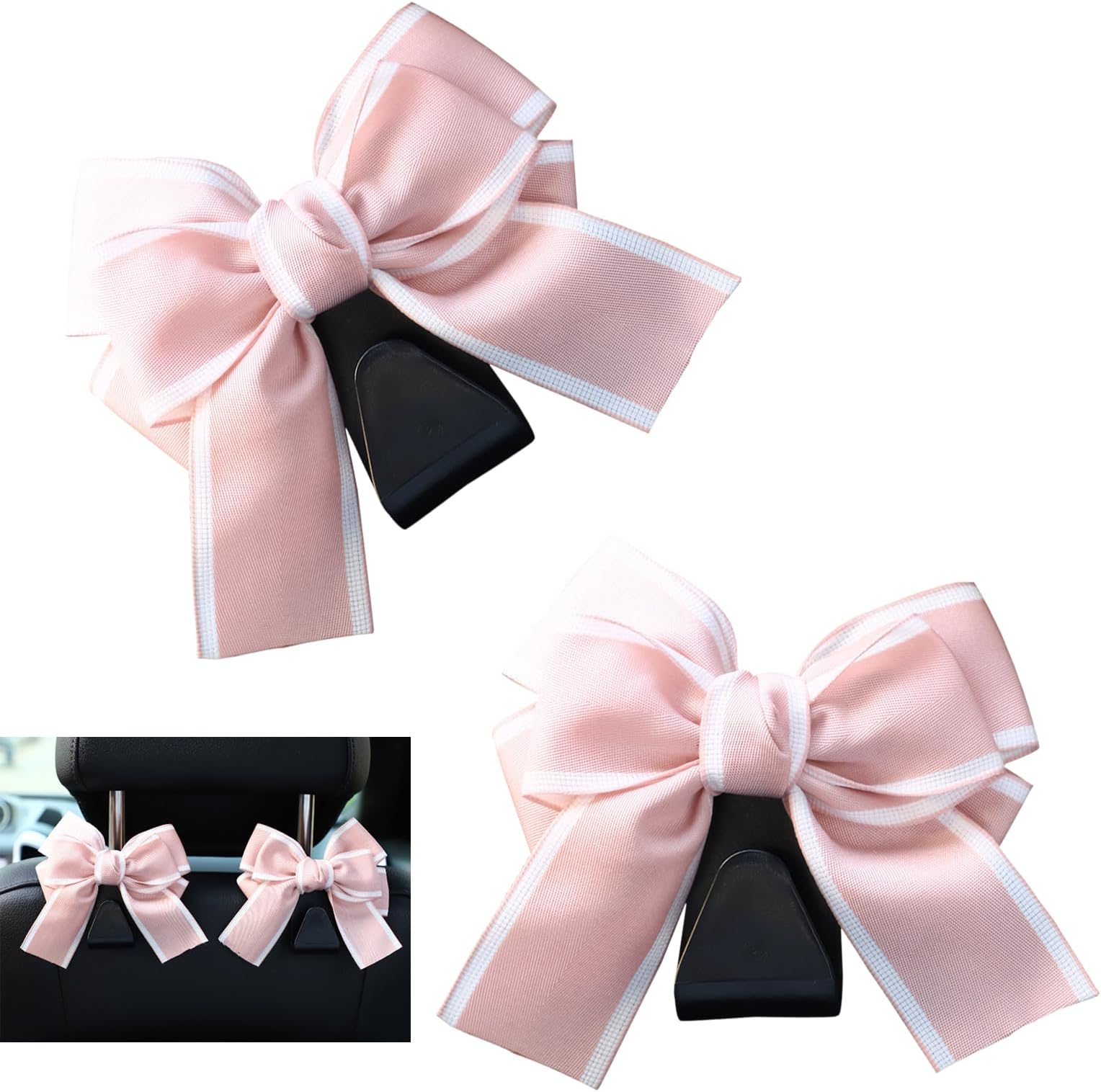 2 PCS Car Back Seat Headrest Hooks, Stylish Cute Bow Headrest Hook Hanger for Bags Purses Clothes, Auto Hanging Storage Organizer Decoration, Universal Women Girl Interior Accessories (Pink)