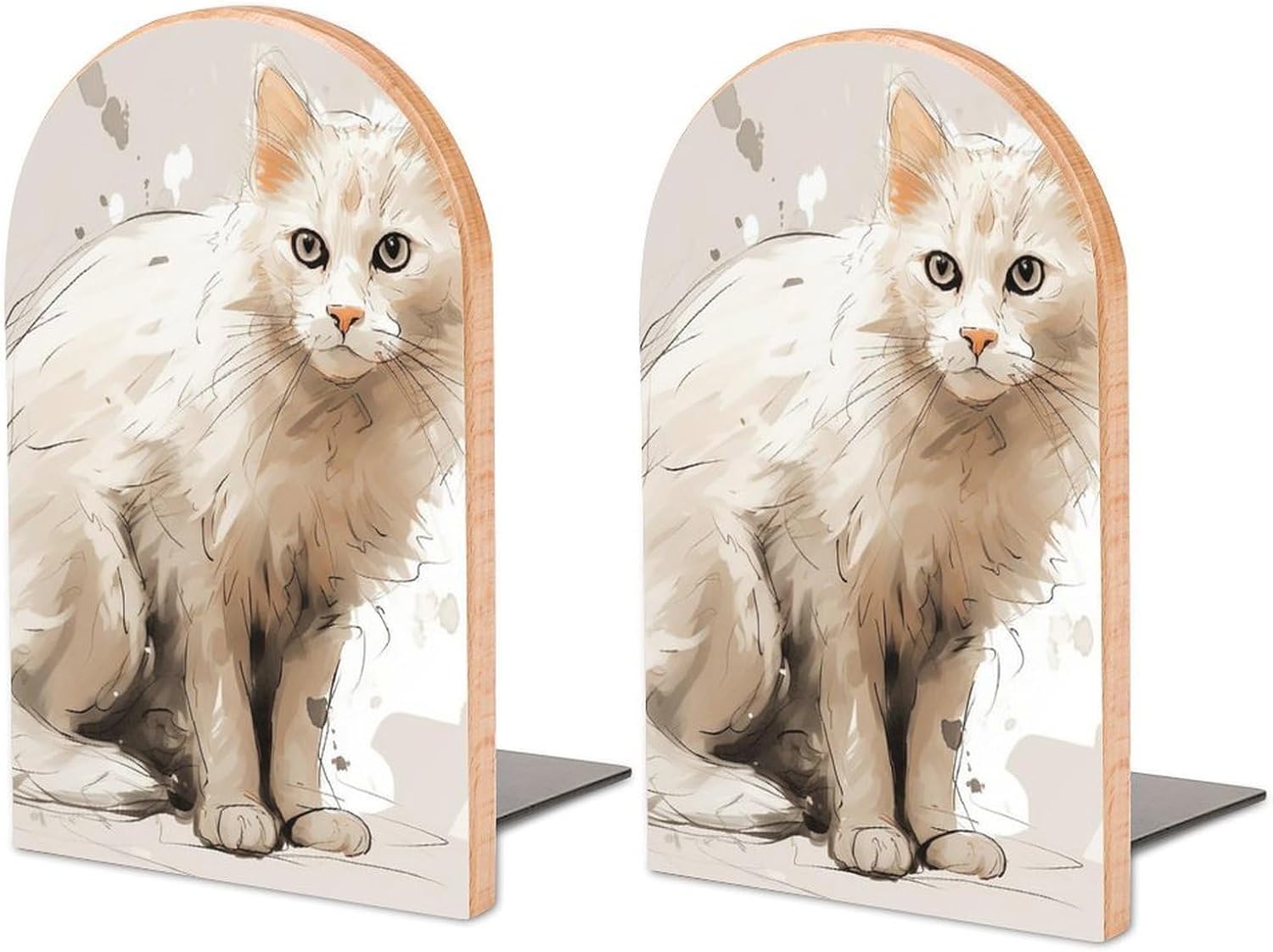 White Cat Pictures Heavy Duty Wooden Bookend Non-Slip Book Ends