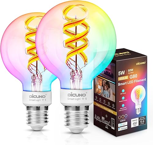 DiCUNO Bombilla Smart Edison G80, bombilla inteligente WiFi que cambia de color, bombilla de filamento Vinatge Globe funciona con Alexa y Google,