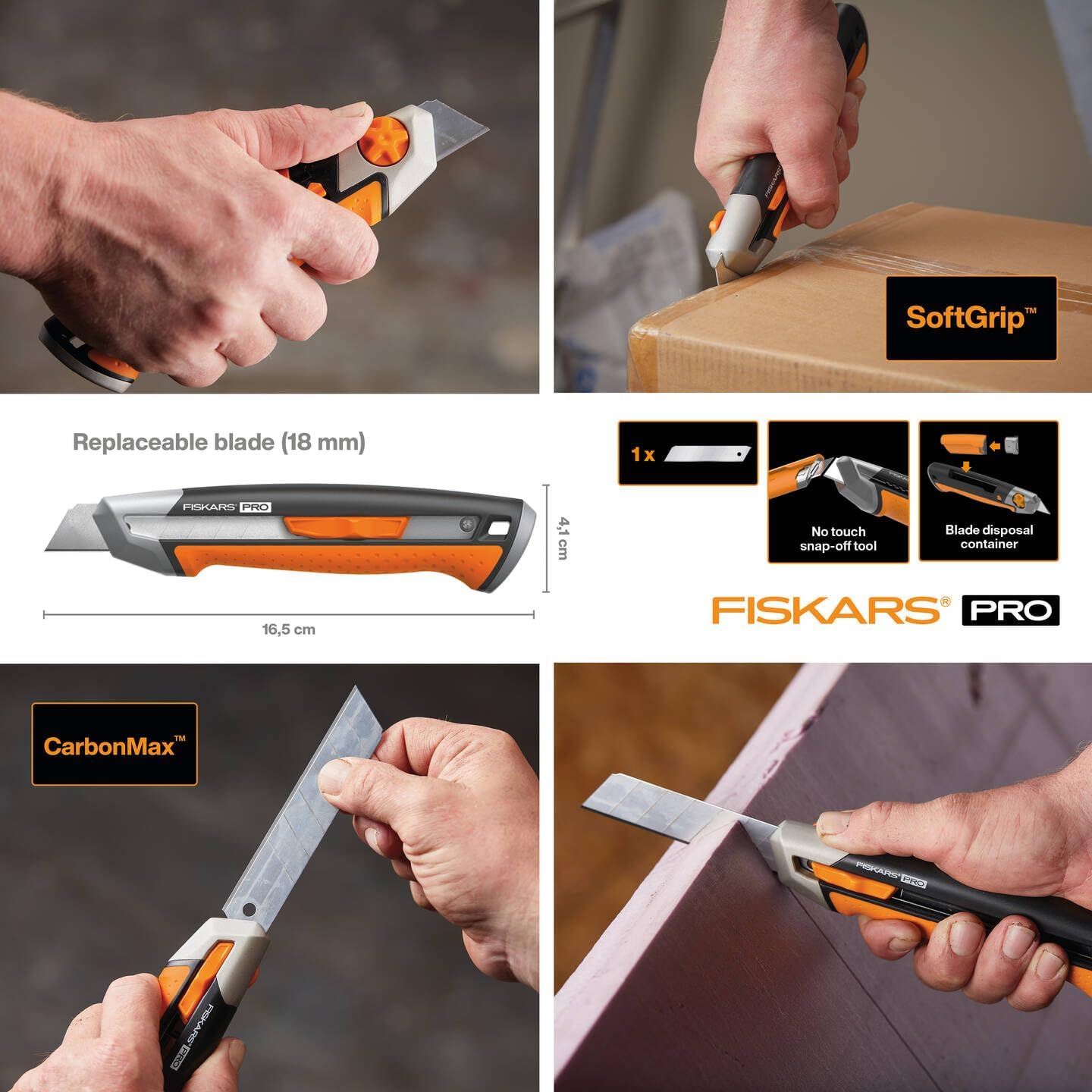Fiskars CarbonMax Snap-Off Knife, Length 16,5cm, Including (18mm), Stainless Steel Blade/Plastic Handle, 1027227, Orange/Black