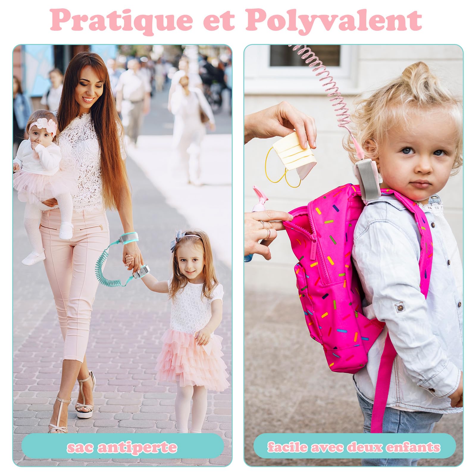 VEGCOO 2 Pcs Laisse Enfant Anti-Perte, 2,5m Harnais Enfant Rotation 360° avec Serrure à Clé, Bracelet Securite Enfant Réfléchissante en Silicone pour l'Extérieur, Supermarché, Voyages (Rose et Vert)
