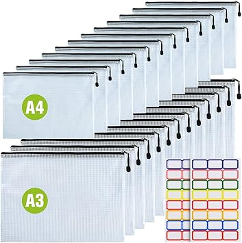 A3/A4 SizePlastic Mesh Zip File Bags, Waterproof Tear-Resistant Document File Folders,Zipper Documents Pouch Document Organizer Bags for School Office Home Travel Storage