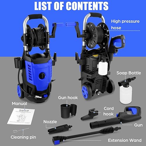 Miniatura 9 de TEANDE Lavadora a presión TE3800 2.5GPM 1800W de alta presión eléctrica con boquilla de pulverización todo en uno, carrete de manguera, manguera de