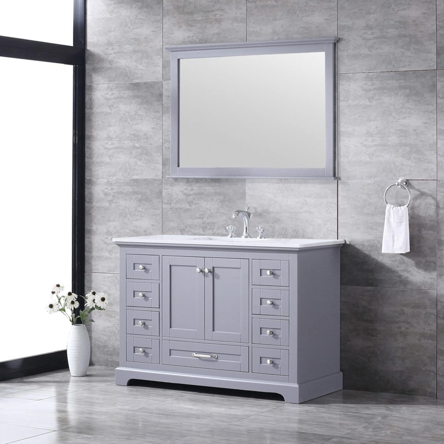 Dukes 48 in. W x 22 in. D Dark Grey Single Bath Vanity, White Quartz Top, White Square Sink and 46 in. Mirror
