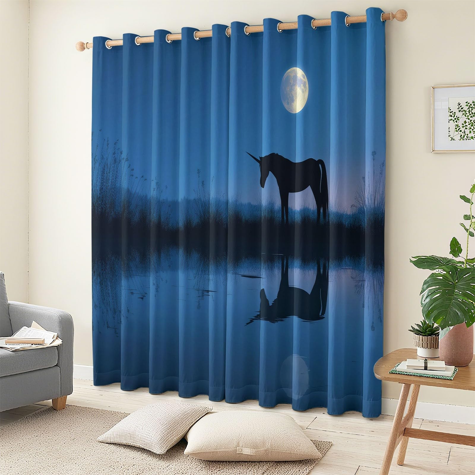 Lot De 2 Rideau Occultant Enfant pour Fille Garcon L140 x H245 cm, Silhouette De Licorne Rideau Occultant À Oeillet Bleu Thermiques Phonique Anti Froids, Décor De Chambre
