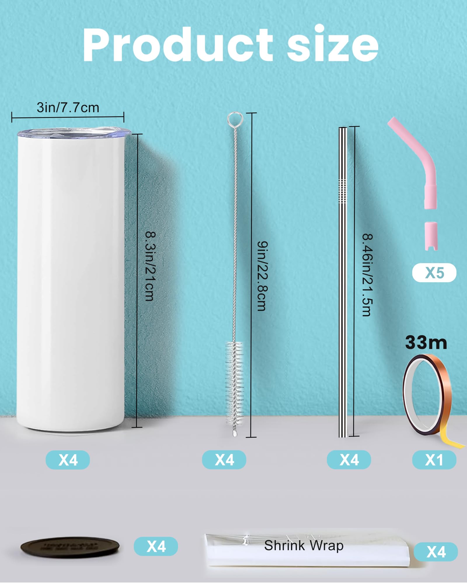 20oz Sublimation Tumbler, 4 Sublimation tumblers, 20oz Tumbler with Straw and lid - Image 2