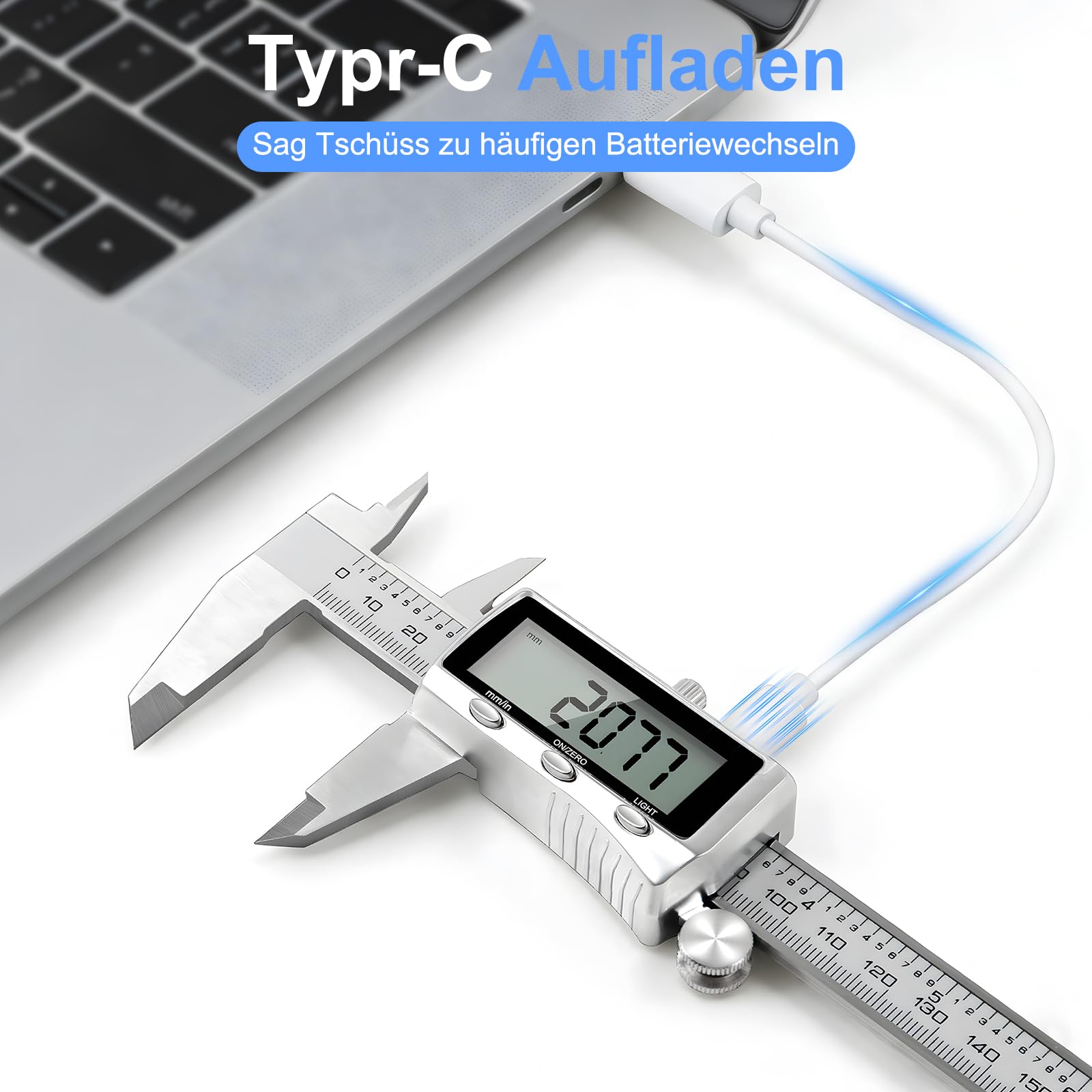 Digitaler Messschieber 150mm Edelstahl, USB-C Wiederaufladbar, IP54 Schutz, ±0,02 mm Präzision, Schieblehre mit Beleuchtetem LCD-Display, mm/Zoll