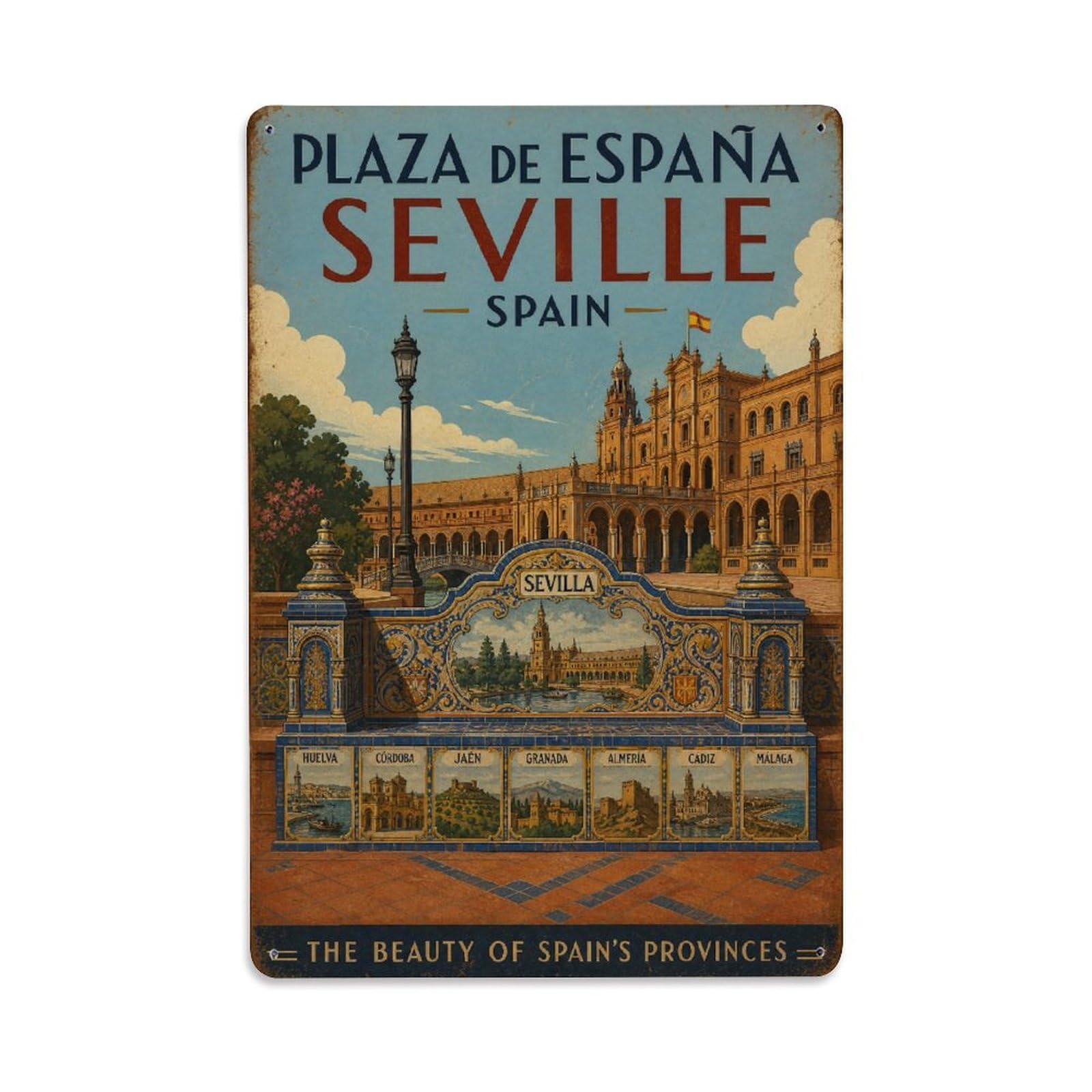 Vintage Plaza Espana Mosaic Benches Provincial Scenes Spain Metal Tin Sign