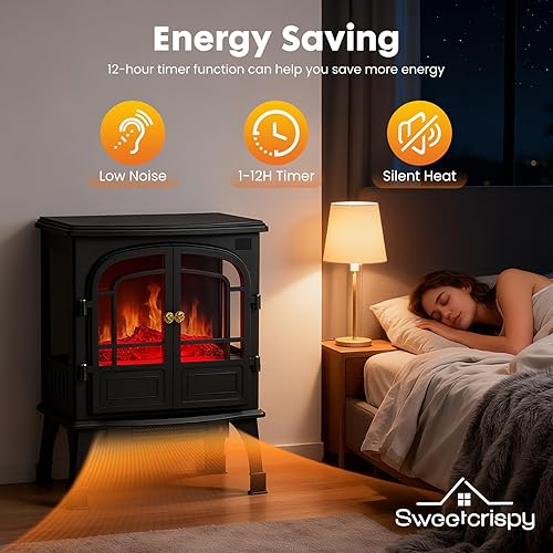 Miniatura 6 de Sweetcrispy Calentador eléctrico independiente, chimenea de dos puertas de 26 pulgadas con efecto de llama 3D, diseño seguro para