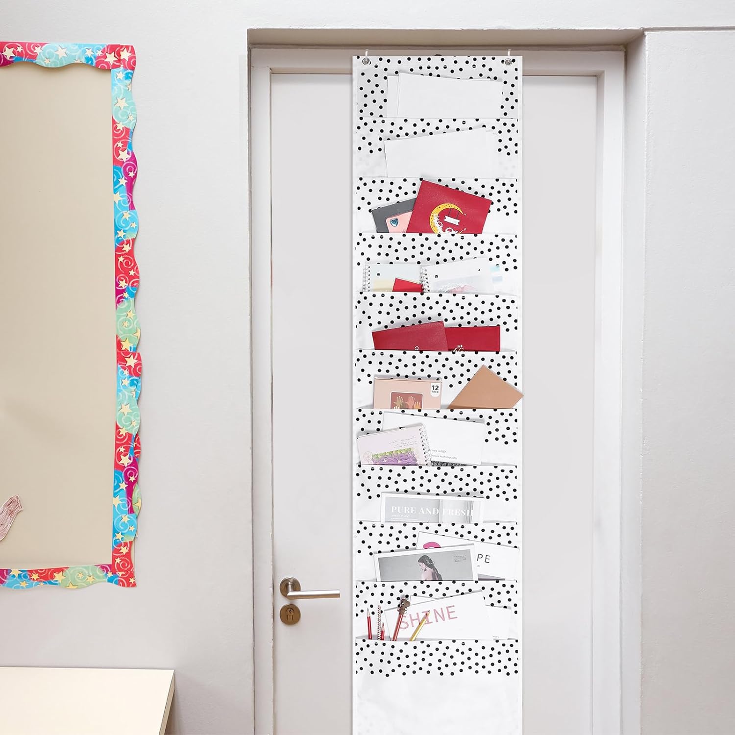 MotiMind Boho Styles 10 Pockets Wall Hanging File Folders File Storage Pocket Chart for Classroom Hanging Wall Organizer with 2 over The Door Hangers, 58" x 14" for School Classroom Office Home image 4