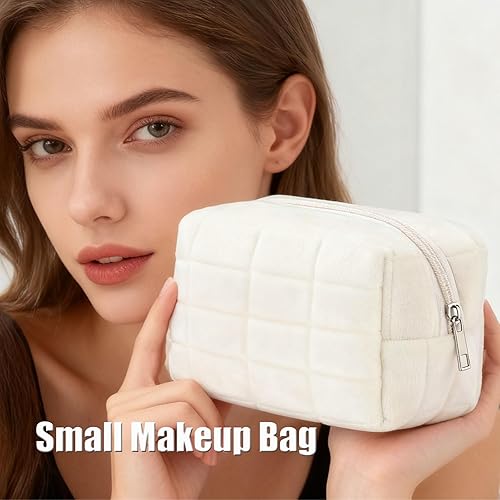 Miniatura 5 de Bolsa de maquillaje pequeña bolsa de cosméticos para mujeres y niñas, bolsas de maquillaje a cuadros Y2K, Blanco, Neceser