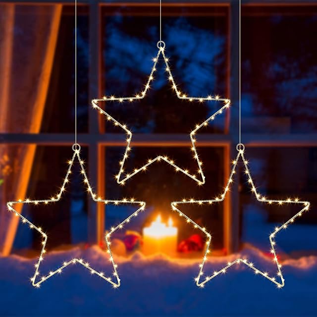 Litake Star Christmas Lights, 3 Pack 6M 60 LED Each Window Christmas Lights Hanging Star Copper Wire Lights Battery Operated 8 Lighting Modes for Xmas, Wedding, Party, Indoor, Outdoor Use (3)