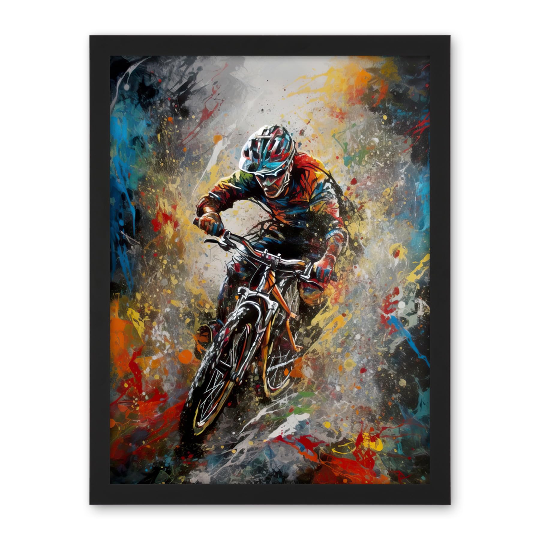 Artery8 Mountain Biker Paint Splat Action Shot Portrait Artwork Framed Wall Art Print 18X24 Inch