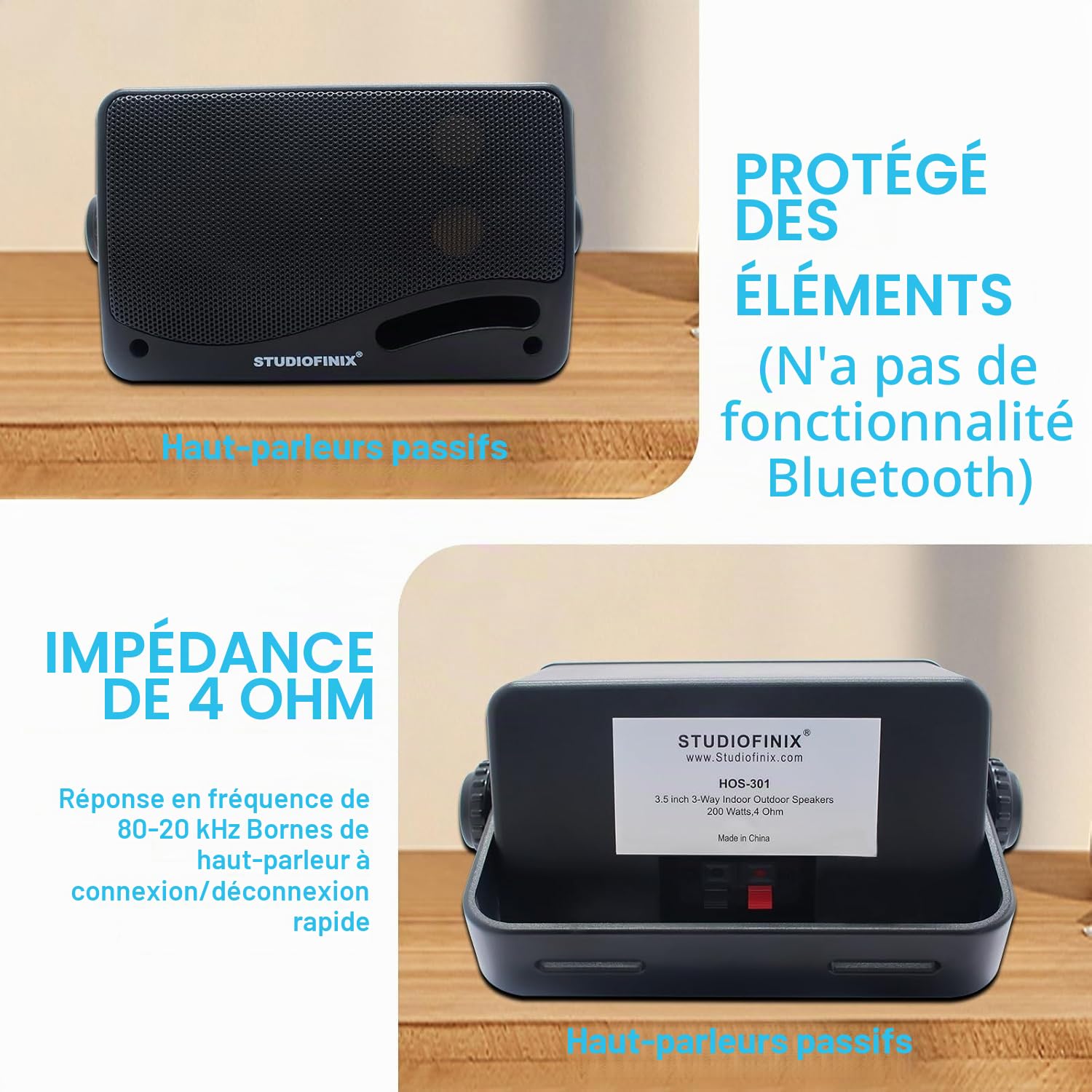 STUDIOFINIX 3,5 Pouces Haut-parleurs étanches pour 200W l'extérieur pour Montage en Surface, Marin et Mural - Grille ABS Robuste pour la Maison, Le Bateau, la Piscine, Le Patio (Noir)