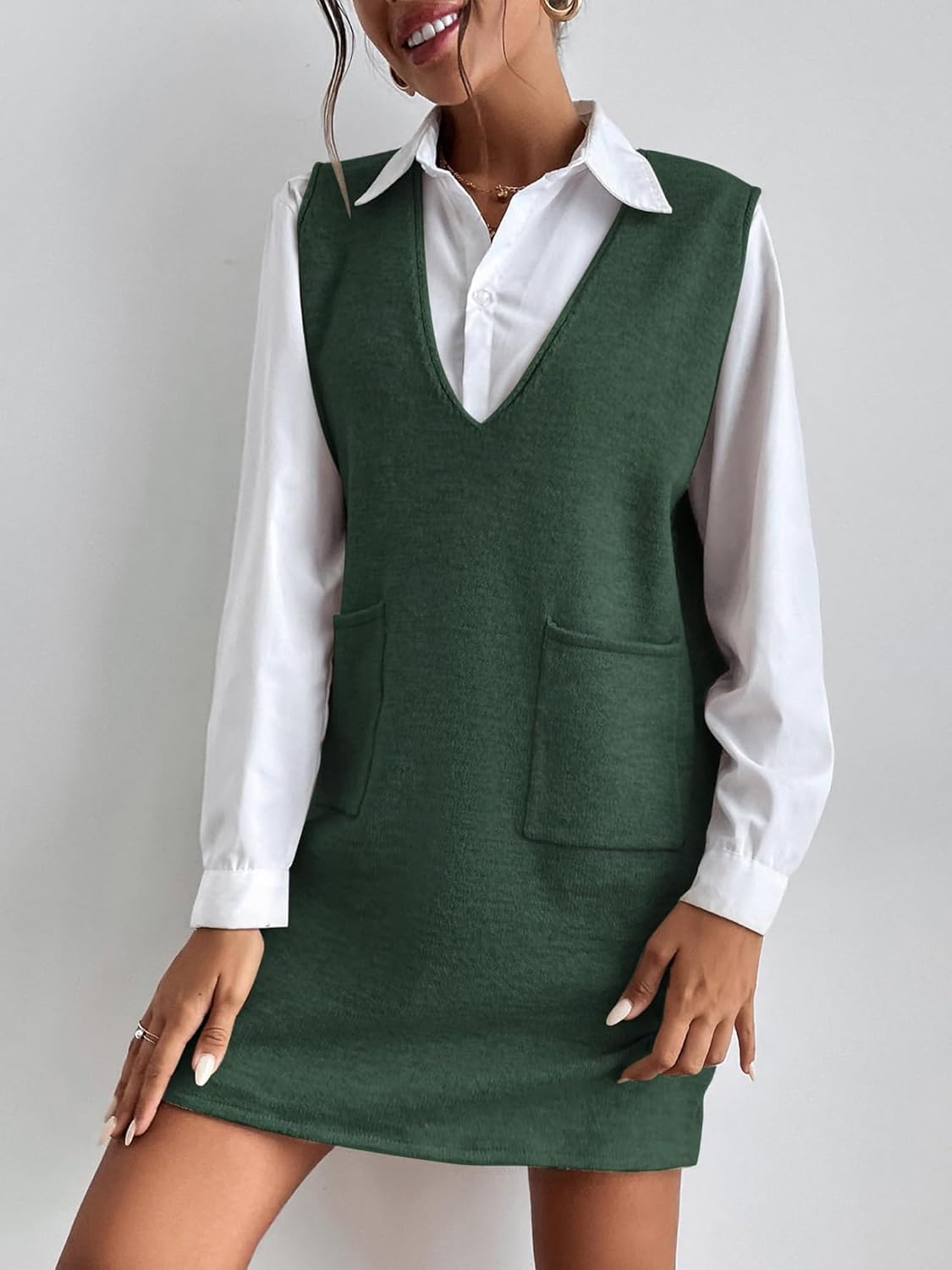 Dark Green Women's V Neck Sleeveless Sweater Dress Long Knit Vest with Pockets Oversized Casual Pullover Sweater Knit Dress S - Image 3