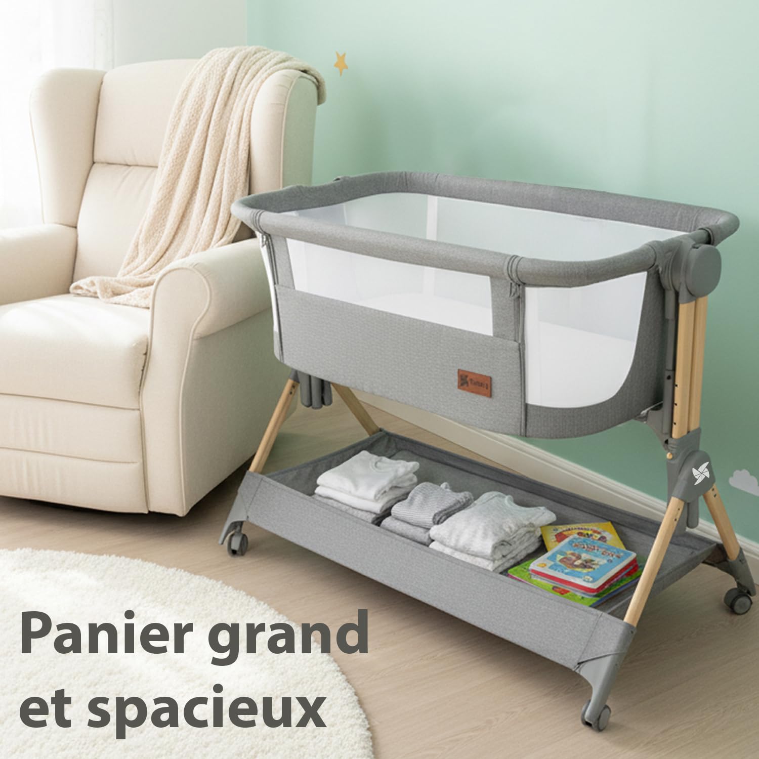 Berceau Cododo Comfortly avec roulettes Lit Parapluie Pliable Hauteur Réglable 5 Niveaux 9 kg Matelas Drap Sac Panier Couleur Bois