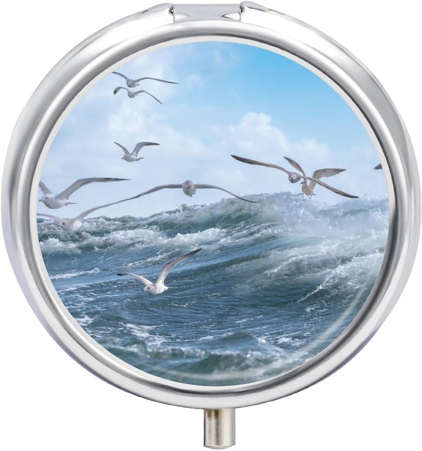 Mini Pill Organizer, 3 Compartment Portable Pill Box for Pocket Purse, Round Metal Pill Holder, Small Travel Pill Case for Travel or Daily - Seabird