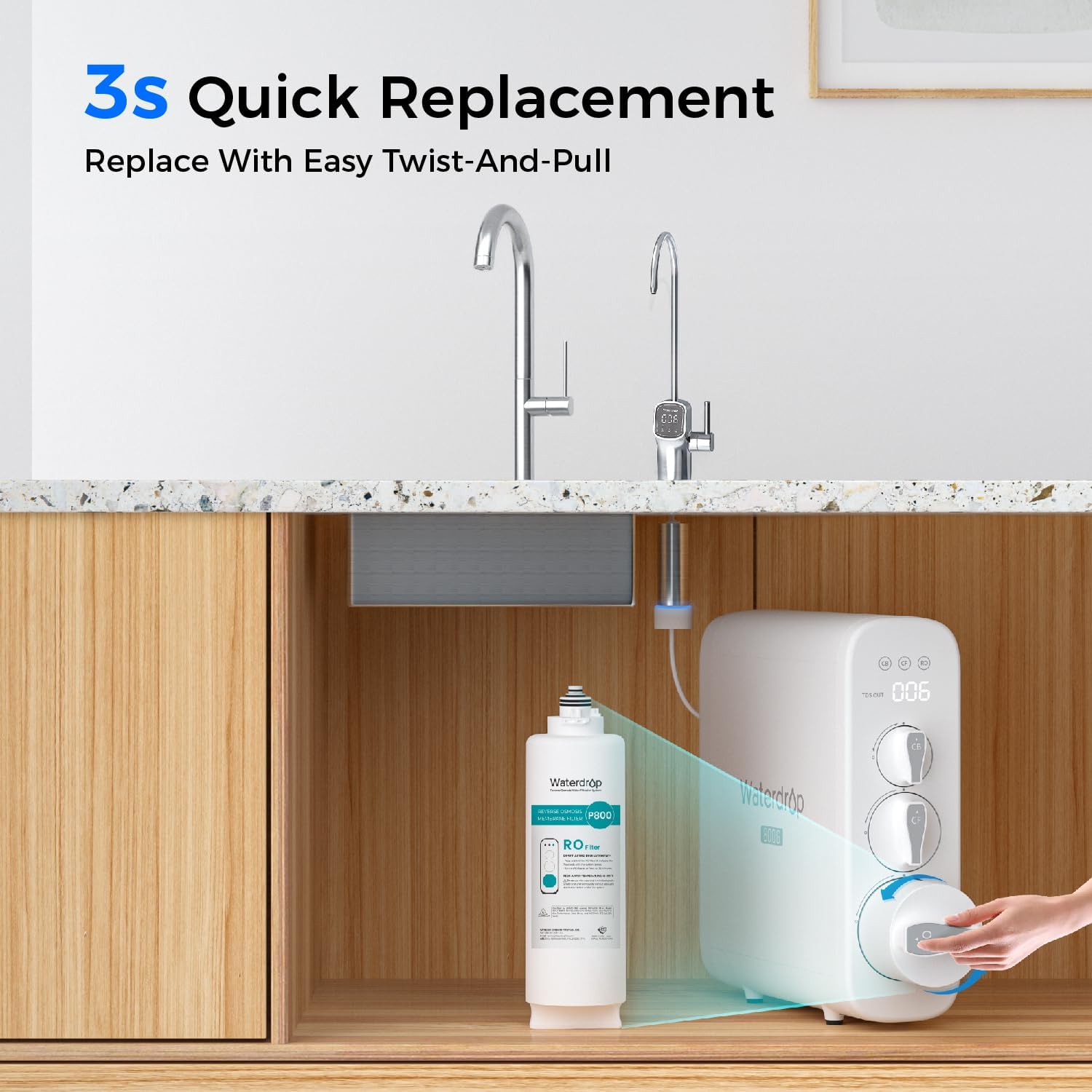 Waterdrop WD-G3P800-N2RO Filtro, Ricambio per il Sistema Aosmosi Inversa Senza Serbatoio WD-G3P800-W, Ridurre PFAS, Durata di 2 Anni