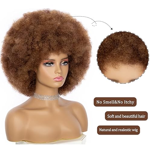 Miniatura 3 de Peluca afro para mujer, mezcla de color marrón de los años 70, pelucas afro de aspecto natural enorme afro rizadas con flequillo, peluca rizada afro